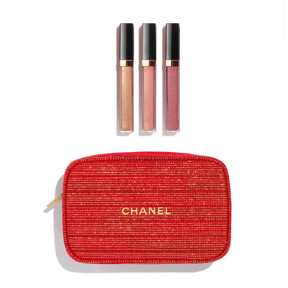 Chanel Holiday 2022 Sheer Genius Lipgloss Trio Set Tweed Makeup Bag Clutch Pouch